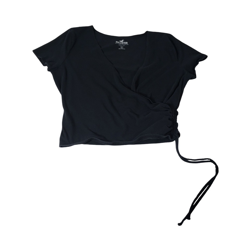 Hollister Womens Black Wrap Side Tie Baby Tee Surplice V-Neck Top Large